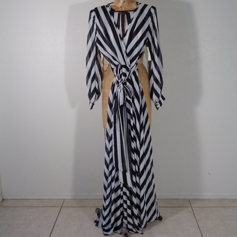 BLACK AND WHITE MIDI CHIFFON WRAP DRESS